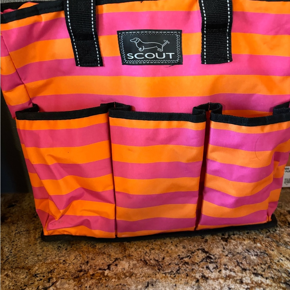 Scout Preowned Pink and Orange Striped Utility Tote with Black Trim